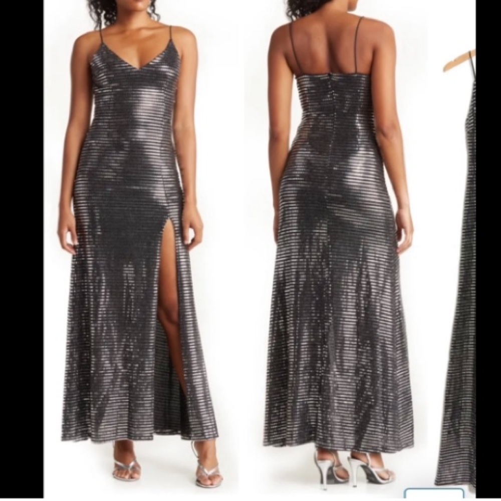 Beautiful Metallic Spaguetti strap Prom Dress Gown/ Wedding Dress Sz XS silver
